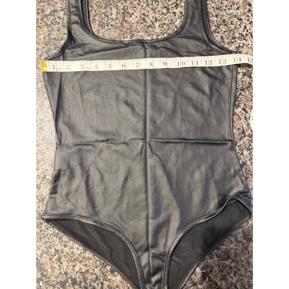 IRIS Faux Leather Bodysuit Black Square Neck Sleeveless Tank IT10519 Small - Picture 5 of 6
